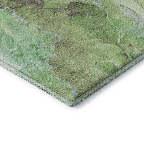 8' Green And Charcoal Abstract Washable Round Rug With UV Protection