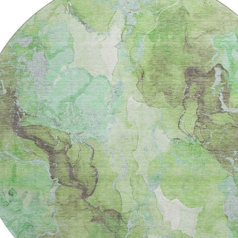 8' Green And Charcoal Abstract Washable Round Rug With UV Protection