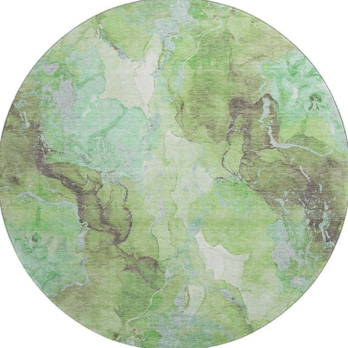 8' Green And Charcoal Abstract Washable Round Rug With UV Protection