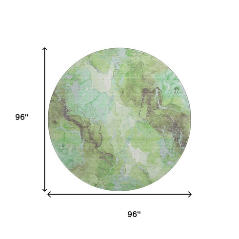 8' Green And Charcoal Abstract Washable Round Rug With UV Protection