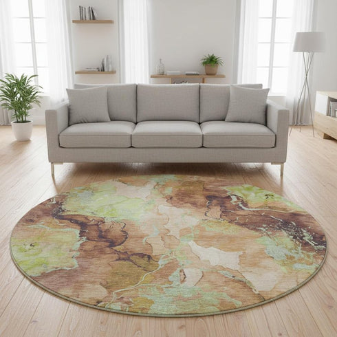 8' Coffee Mint Green And Beige Abstract Washable Round Rug With UV Protection