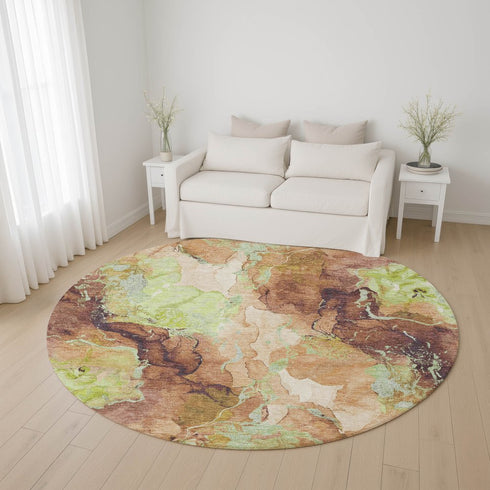 8' Coffee Mint Green And Beige Abstract Washable Round Rug With UV Protection