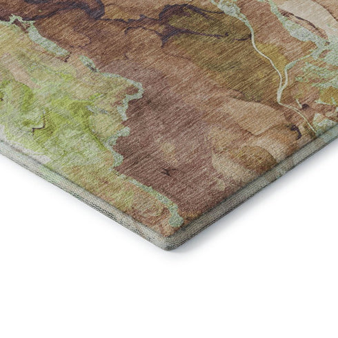 8' Coffee Mint Green And Beige Abstract Washable Round Rug With UV Protection