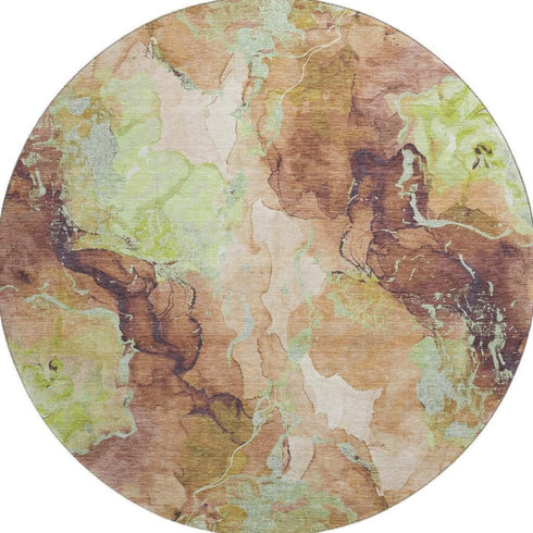 8' Coffee Mint Green And Beige Abstract Washable Round Rug With UV Protection