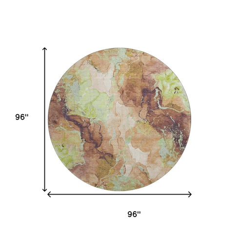 8' Coffee Mint Green And Beige Abstract Washable Round Rug With UV Protection