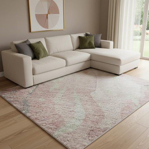 8' X 10' Pink And Beige Abstract Washable Area Rug With UV Protection