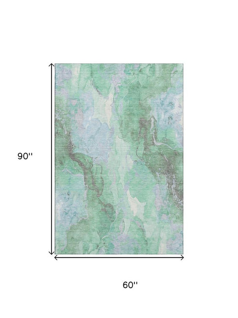 5' X 8' Pale Aqua Green And Ivory Abstract Washable Area Rug With UV Protection