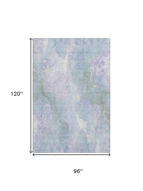 8' X 10' Sky Blue Lavender And Ivory Abstract Washable Area Rug With UV Protection