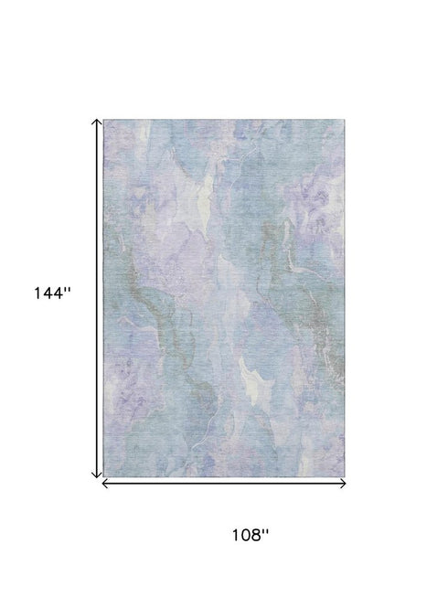 9' X 12' Sky Blue Lavender And Ivory Abstract Washable Area Rug With UV Protection
