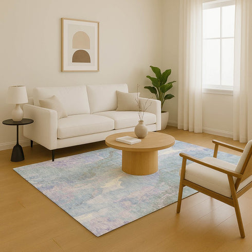 9' X 12' Sky Blue Lavender And Ivory Abstract Washable Area Rug With UV Protection