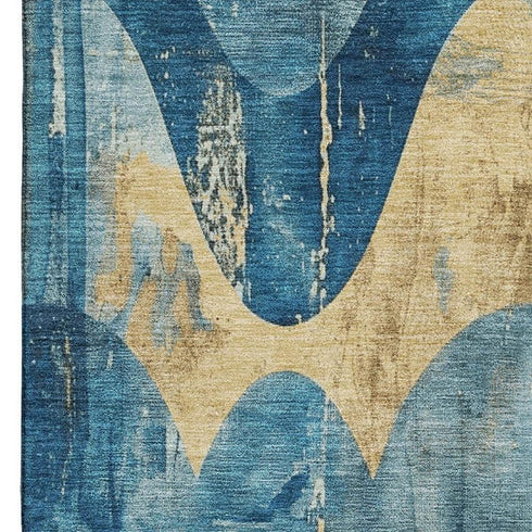 8' X 10' Teal And Gold Abstract Washable Area Rug With UV Protection