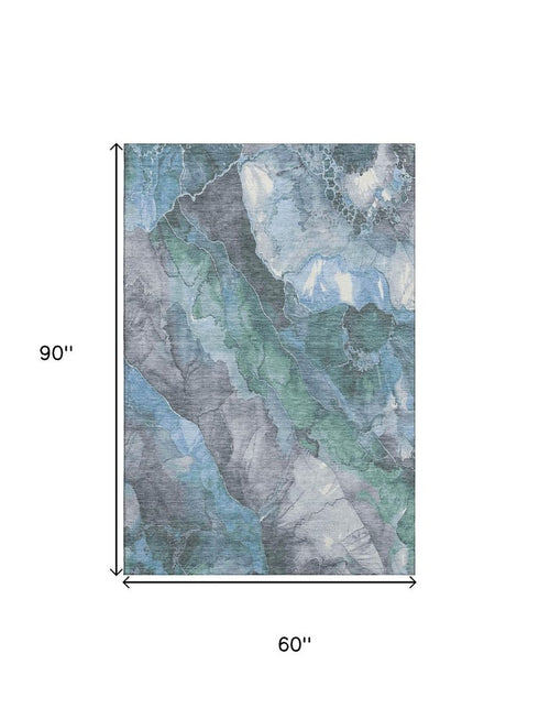 5' X 8' Blue Green And Gray Floral Washable Area Rug With UV Protection