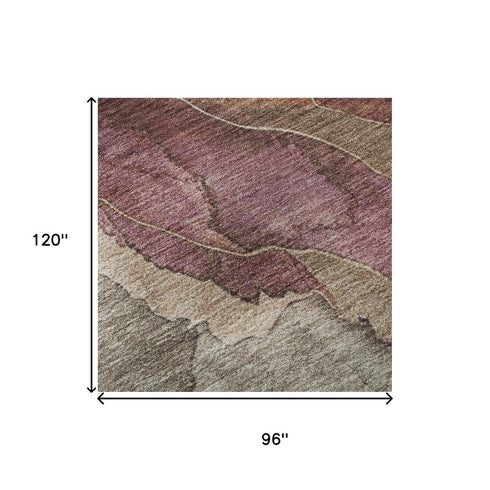 8' X 10' Khaki Beige And Mauve Floral Washable Area Rug With UV Protection