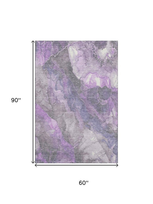 5' X 8' Purple Ivory And Gray Floral Washable Area Rug With UV Protection
