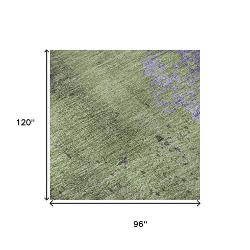 8' X 10' Artichoke Green And Purple Floral Washable Area Rug With UV Protection
