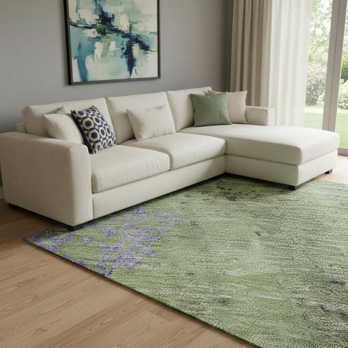 8' X 10' Artichoke Green And Purple Floral Washable Area Rug With UV Protection