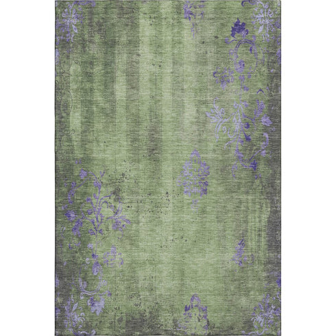8' X 10' Artichoke Green And Purple Floral Washable Area Rug With UV Protection