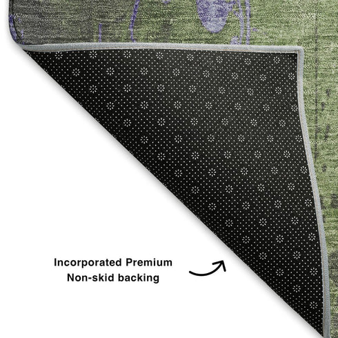 8' X 10' Artichoke Green And Purple Floral Washable Area Rug With UV Protection