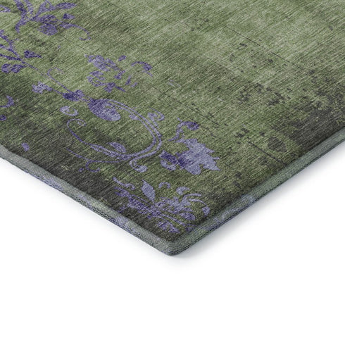 8' X 10' Artichoke Green And Purple Floral Washable Area Rug With UV Protection