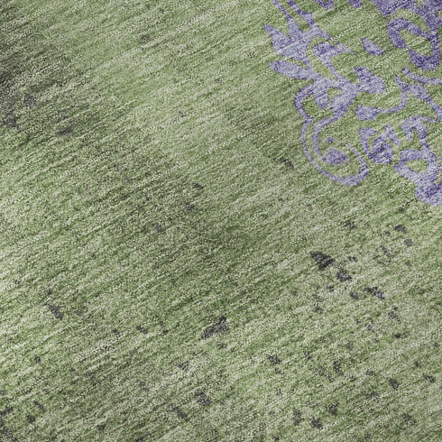 8' X 10' Artichoke Green And Purple Floral Washable Area Rug With UV Protection