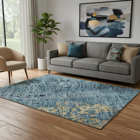 5' X 8' Blue And Gold Floral Washable Area Rug With UV Protection