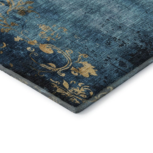 5' X 8' Blue And Gold Floral Washable Area Rug With UV Protection