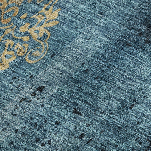 5' X 8' Blue And Gold Floral Washable Area Rug With UV Protection