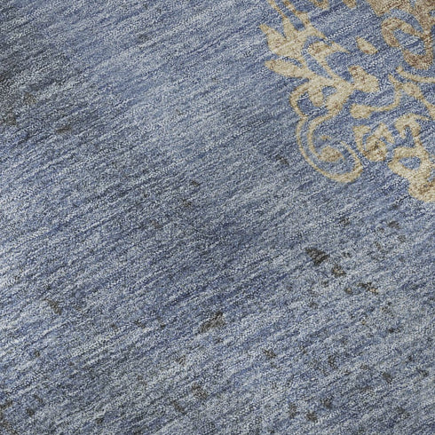 5' X 8' Denim Blue And Beige Floral Washable Area Rug With UV Protection