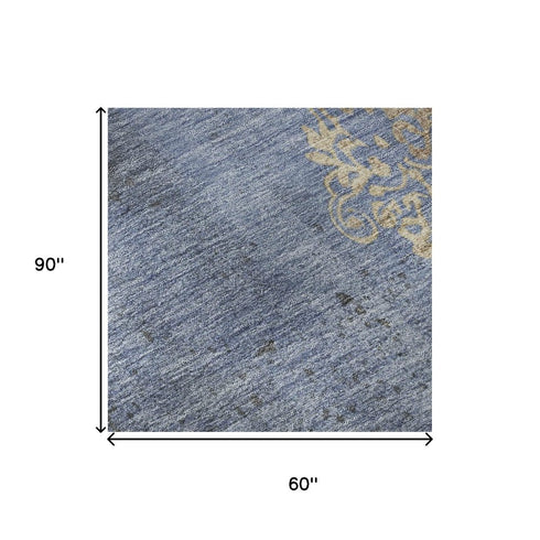 5' X 8' Denim Blue And Beige Floral Washable Area Rug With UV Protection