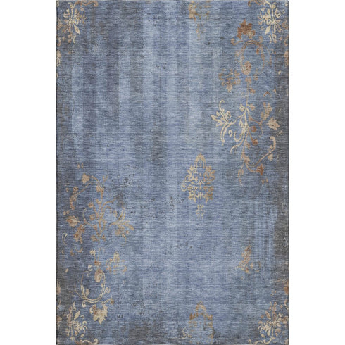 8' X 10' Denim Blue And Beige Floral Washable Area Rug With UV Protection