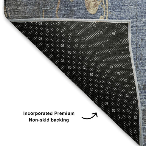 8' X 10' Denim Blue And Beige Floral Washable Area Rug With UV Protection