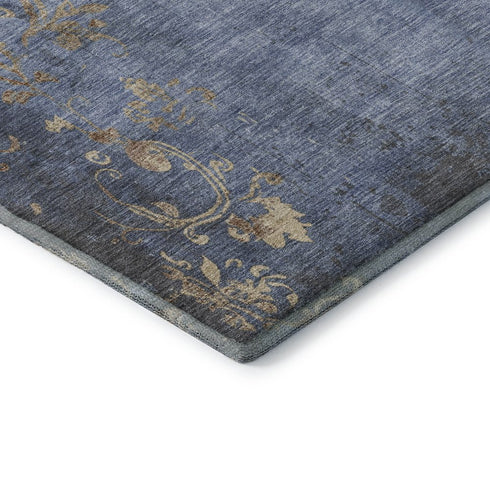 8' X 10' Denim Blue And Beige Floral Washable Area Rug With UV Protection