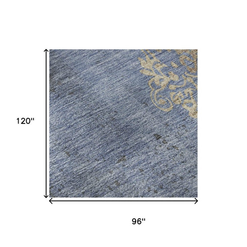 8' X 10' Denim Blue And Beige Floral Washable Area Rug With UV Protection