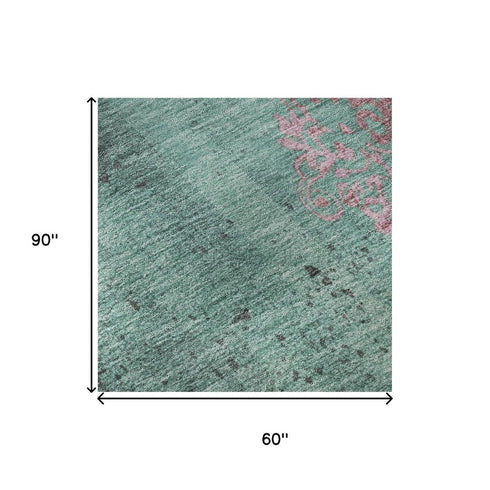 5' X 8' Pale Aqua And Burgundy Floral Washable Area Rug With UV Protection