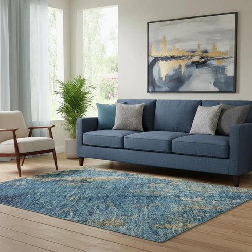 5' X 8' Blue And Gold Abstract Washable Area Rug With UV Protection