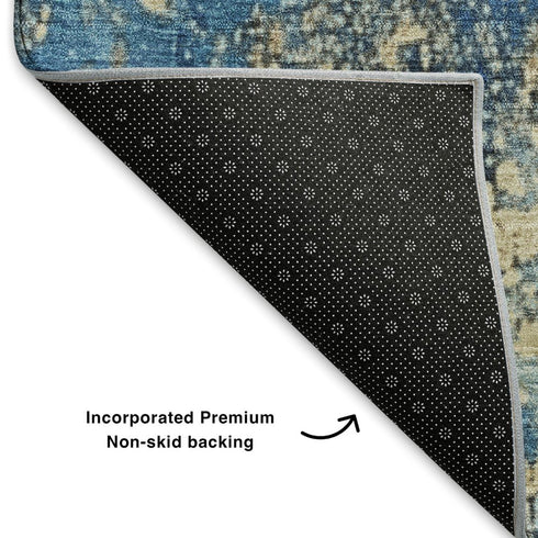 5' X 8' Blue And Gold Abstract Washable Area Rug With UV Protection