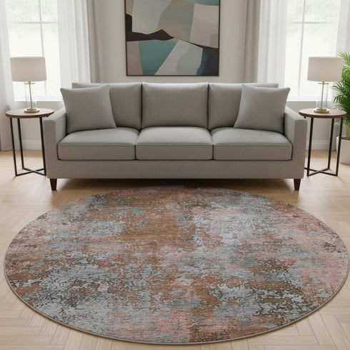 8' Rust And Gray Abstract Washable Round Rug With UV Protection