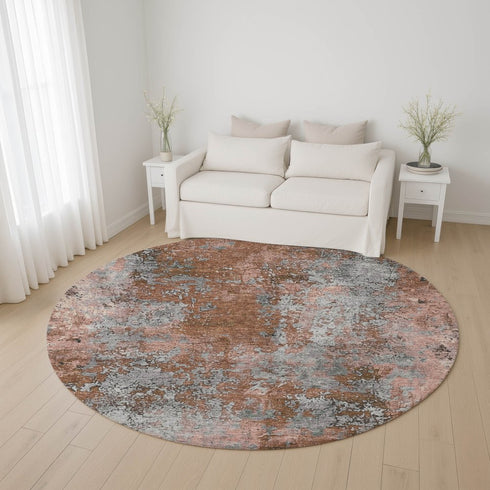 8' Rust And Gray Abstract Washable Round Rug With UV Protection