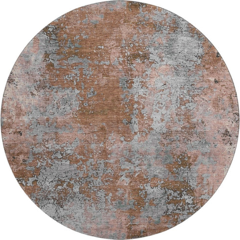 8' Rust And Gray Abstract Washable Round Rug With UV Protection