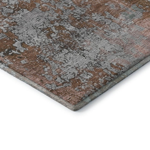 8' Rust And Gray Abstract Washable Round Rug With UV Protection