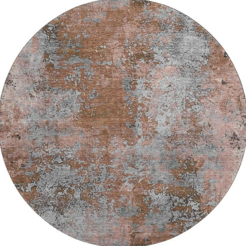 8' Rust And Gray Abstract Washable Round Rug With UV Protection