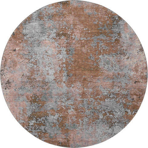 8' Rust And Gray Abstract Washable Round Rug With UV Protection