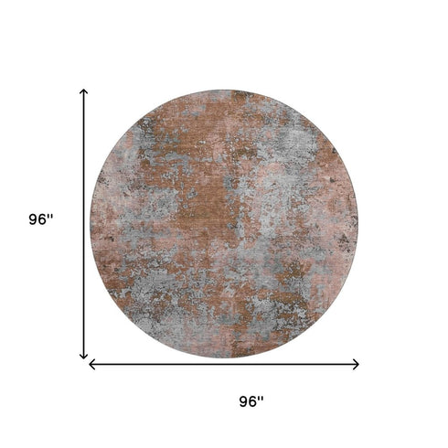 8' Rust And Gray Abstract Washable Round Rug With UV Protection