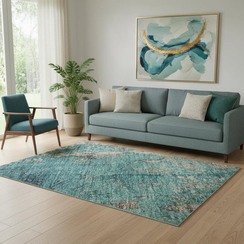 5' X 8' Teal And Beige Abstract Washable Area Rug With UV Protection