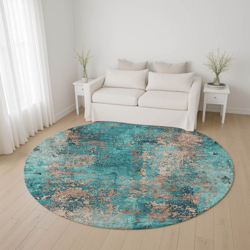 8' Teal And Beige Abstract Washable Round Rug With UV Protection