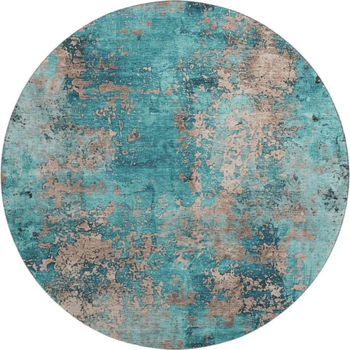 8' Teal And Beige Abstract Washable Round Rug With UV Protection