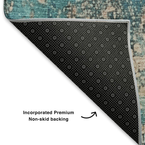 8' Teal And Beige Abstract Washable Round Rug With UV Protection