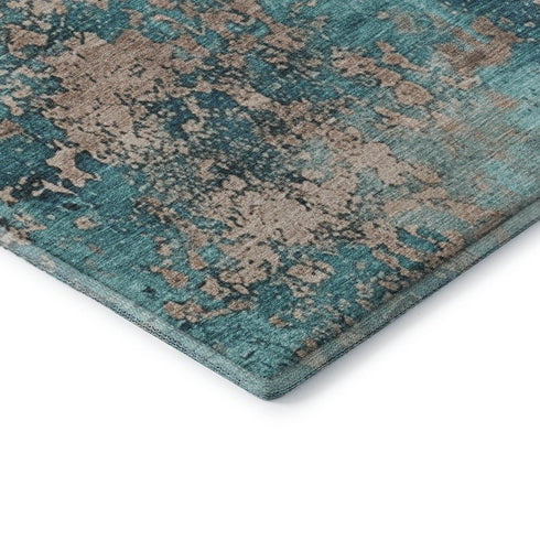 8' Teal And Beige Abstract Washable Round Rug With UV Protection