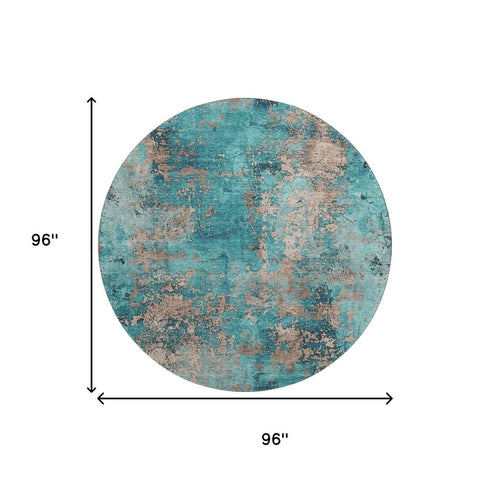 8' Teal And Beige Abstract Washable Round Rug With UV Protection