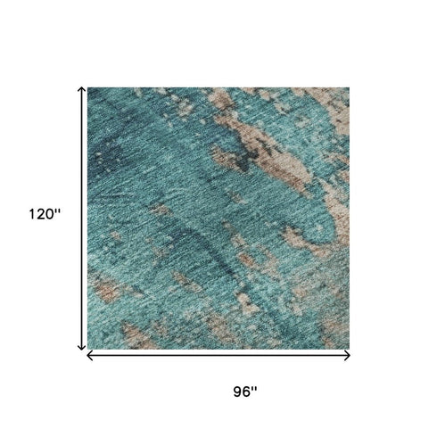 8' X 10' Teal And Beige Abstract Washable Area Rug With UV Protection